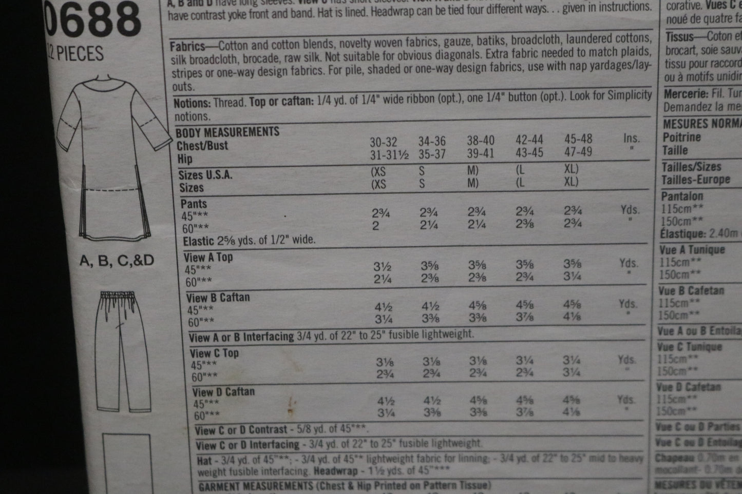 Simplicity 8895 Misses Mens or Teen Boys Caftan or Top Pants Hat and Headwrap Sewing Pattern UNCUT - Size Lg - XL