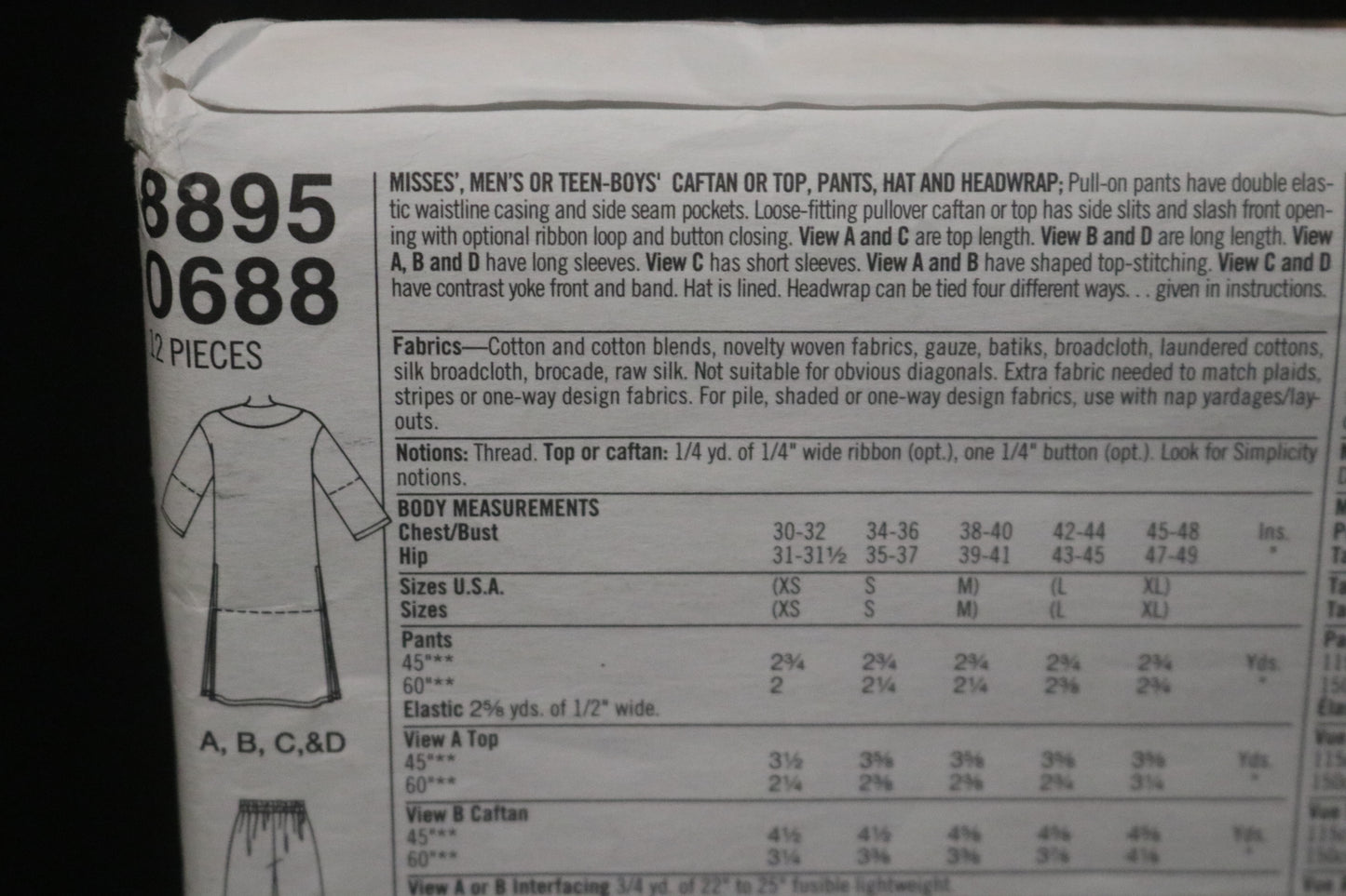 Simplicity 8895 Misses Mens or Teen Boys Caftan or Top Pants Hat and Headwrap Sewing Pattern UNCUT - Size Lg - XL