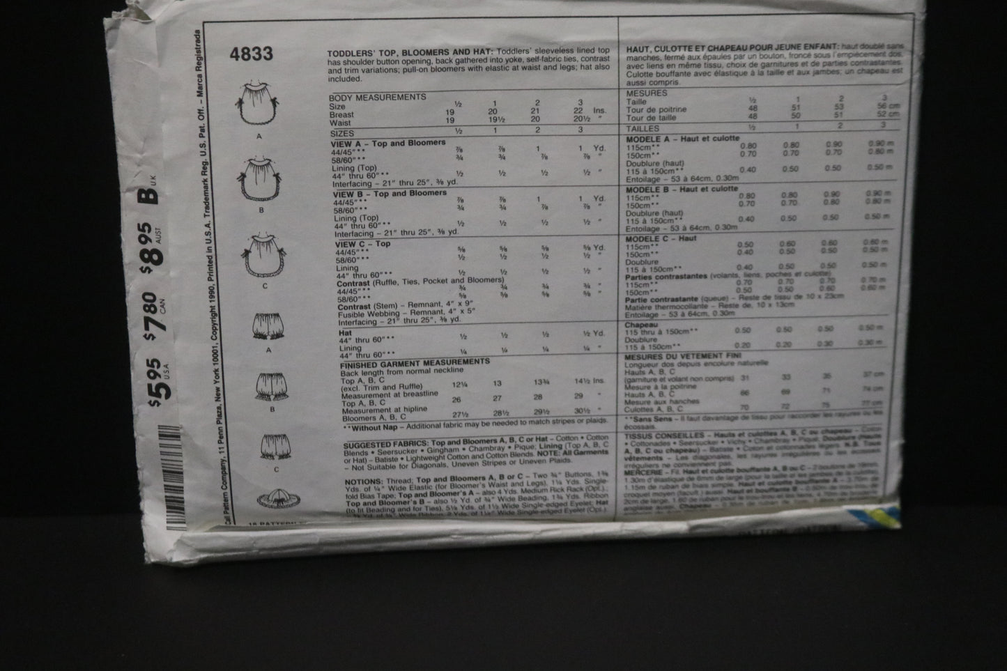 McCalls 4833 Toddlers Girls Top Bloomers and Hat Sewing Pattern - UNCUT Size 2
