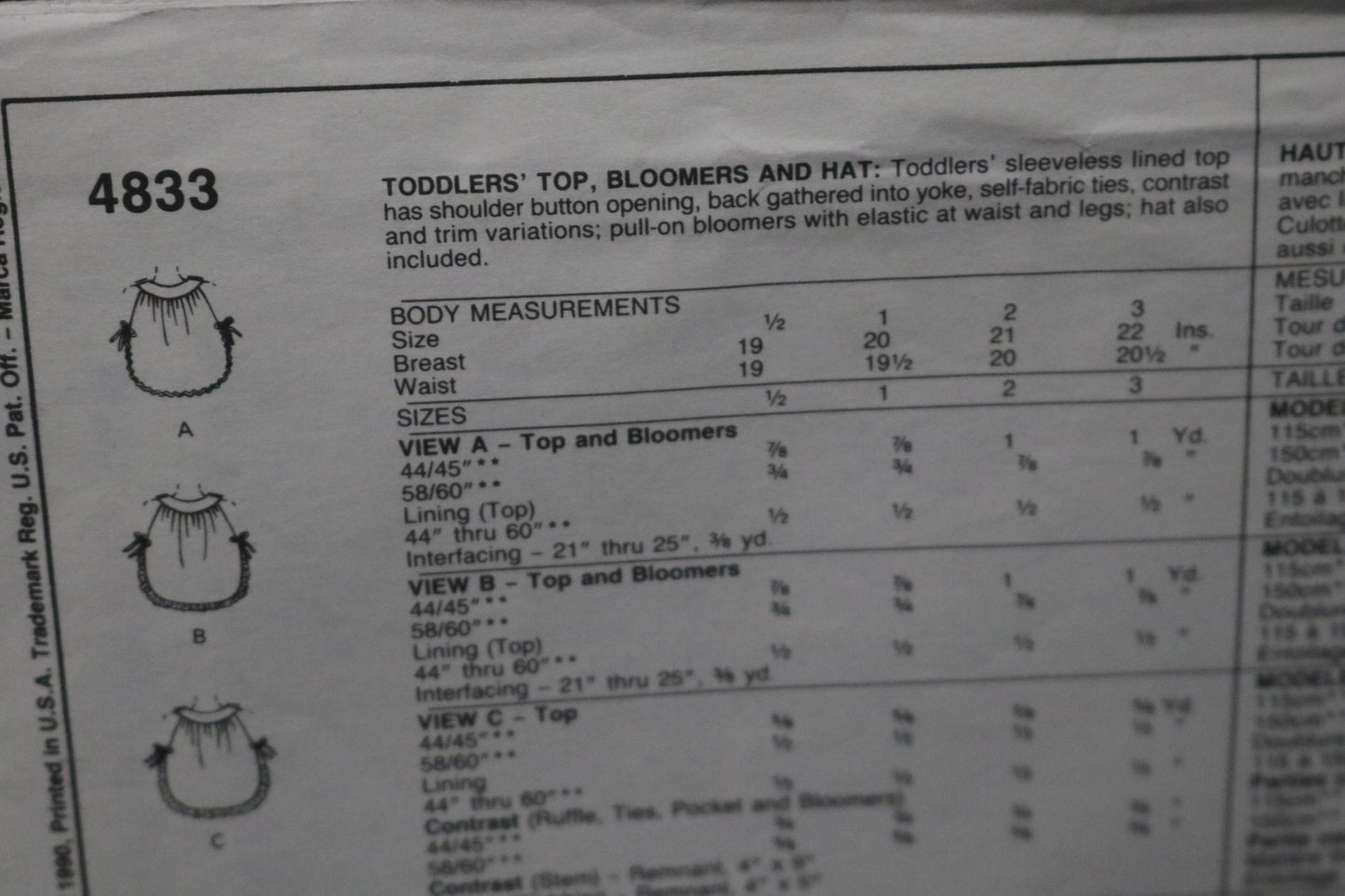 McCalls 4833 Toddlers Girls Top Bloomers and Hat Sewing Pattern - UNCUT Size 2