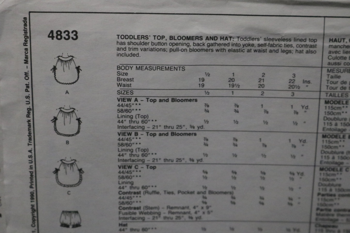 McCalls 4833 Toddlers Girls Top Bloomers and Hat Sewing Pattern - UNCUT Size 2