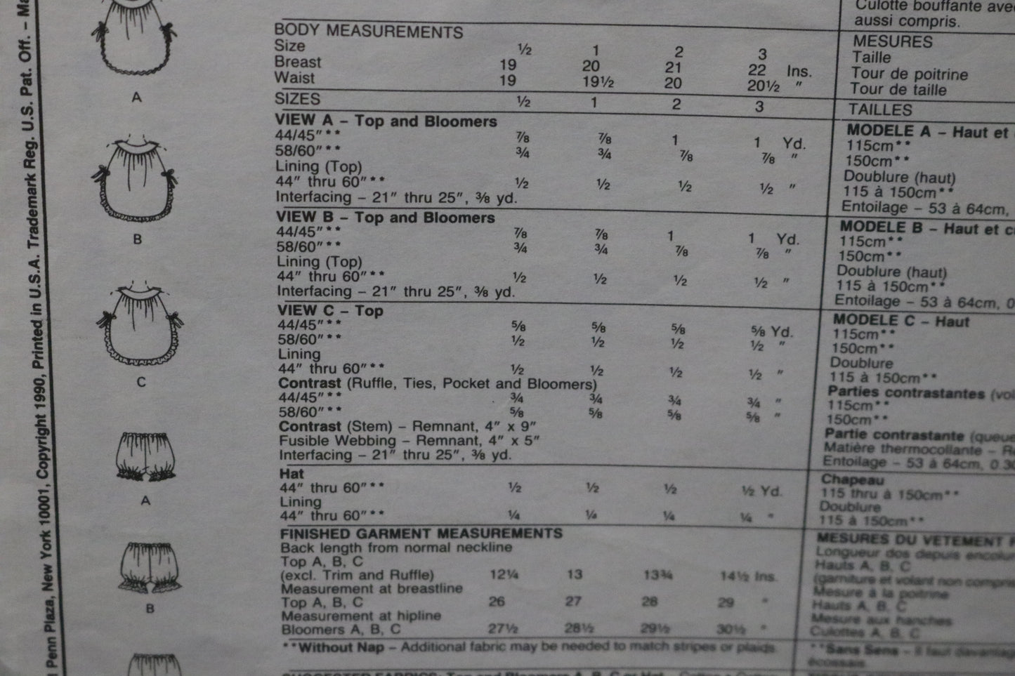 McCalls 4833 Toddlers Girls Top Bloomers and Hat Sewing Pattern - UNCUT Size 2