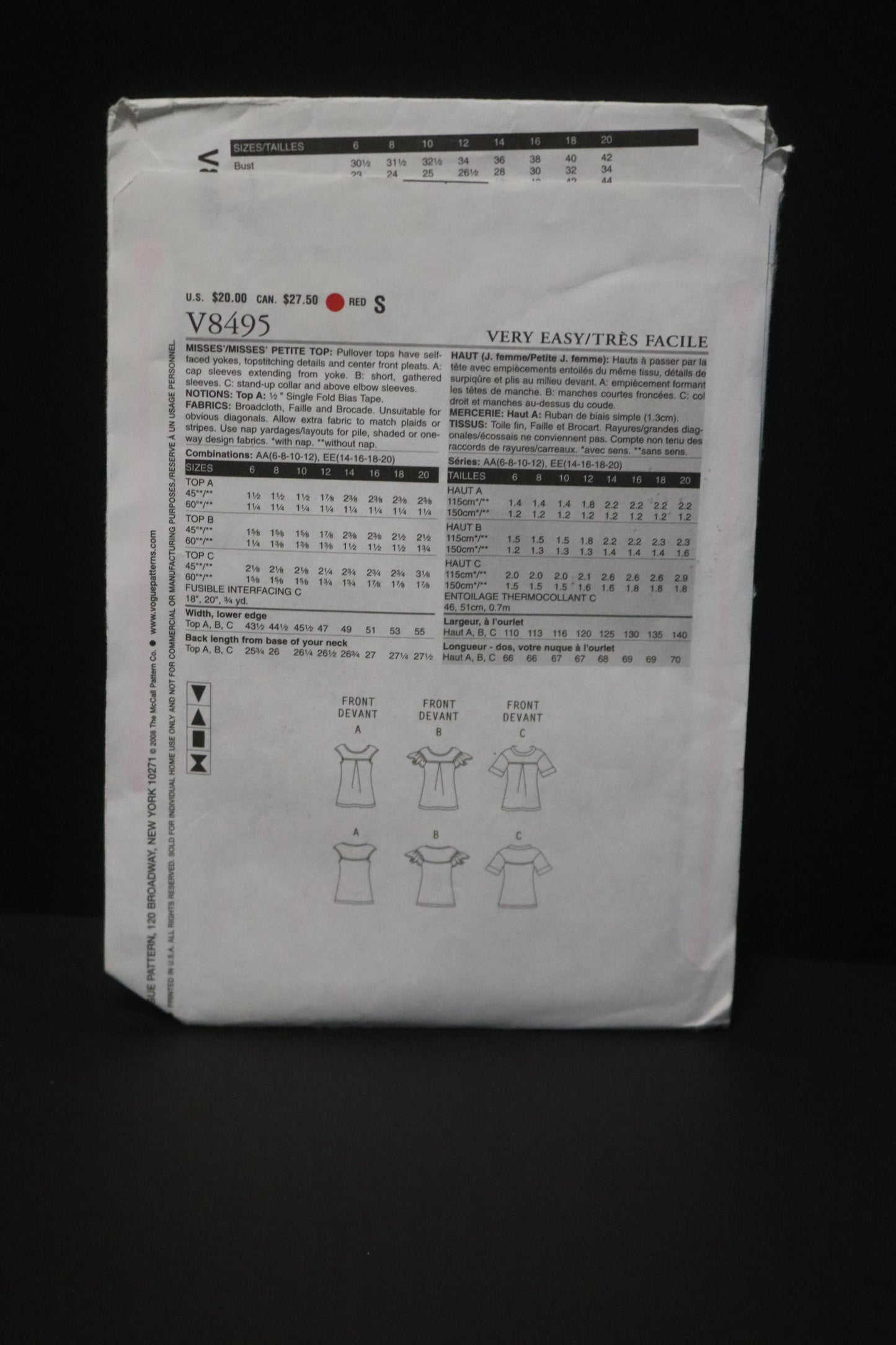 Vogue 8495 Misses/ Misses Petite Top Sewing Pattern - UNCUT - Size 6 8 10 12