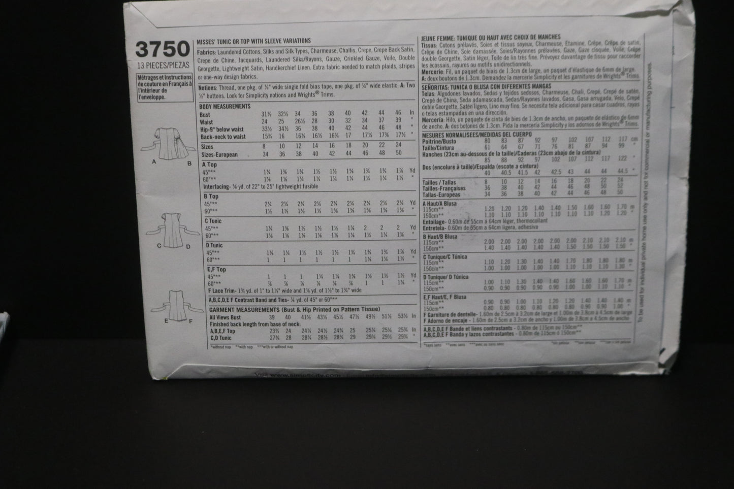 Simplicity 3750 Misses Tunic or Top with Sleeve Variations Sewing Pattern - UNCUT - Size 8 10 12 14 16