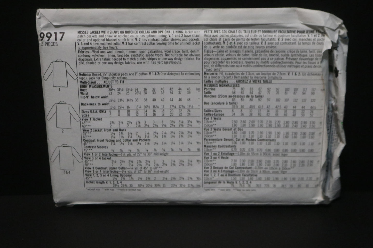 Simplicity 9917 Misses Jacket with Shawl or Notched Collar and optional lining Sewing Pattern UNCUT Size 10 - 16