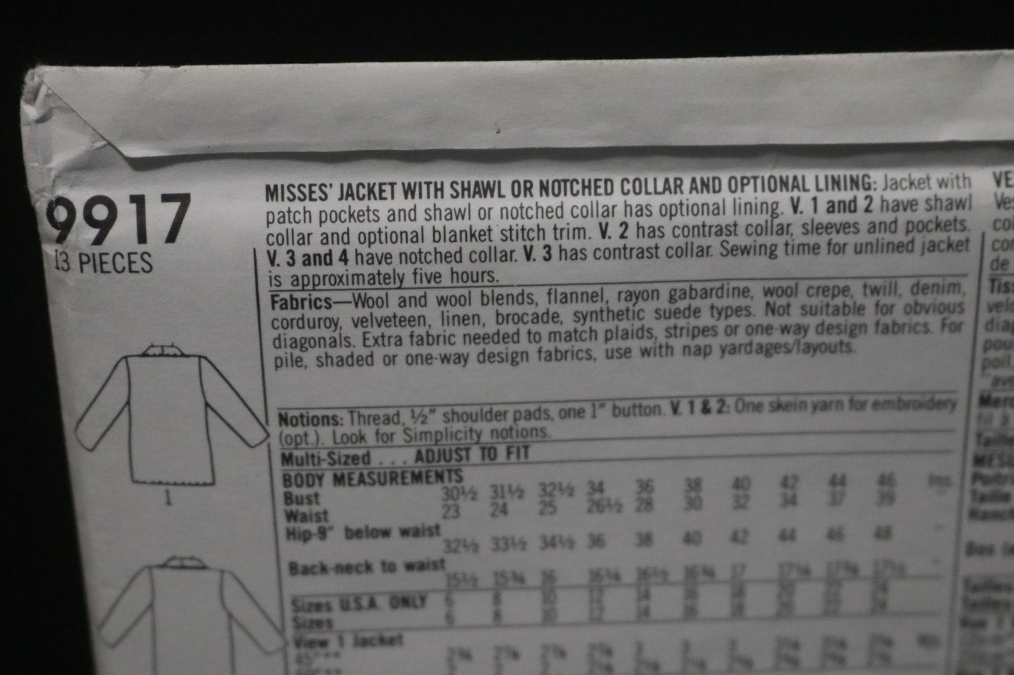 Simplicity 9917 Misses Jacket with Shawl or Notched Collar and optional lining Sewing Pattern UNCUT Size 10 - 16
