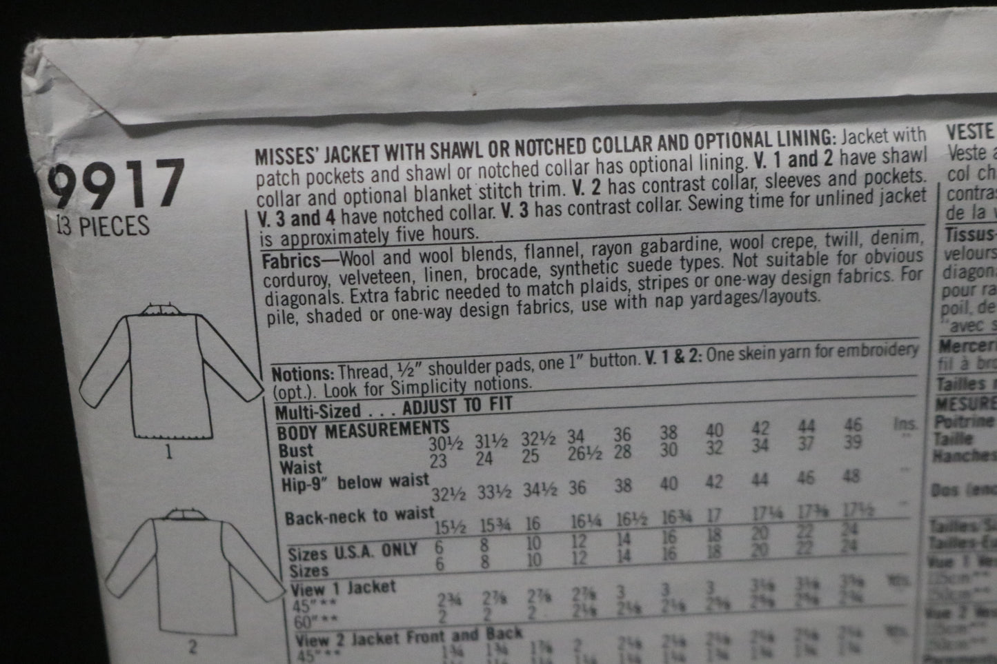 Simplicity 9917 Misses Jacket with Shawl or Notched Collar and optional lining Sewing Pattern UNCUT Size 10 - 16