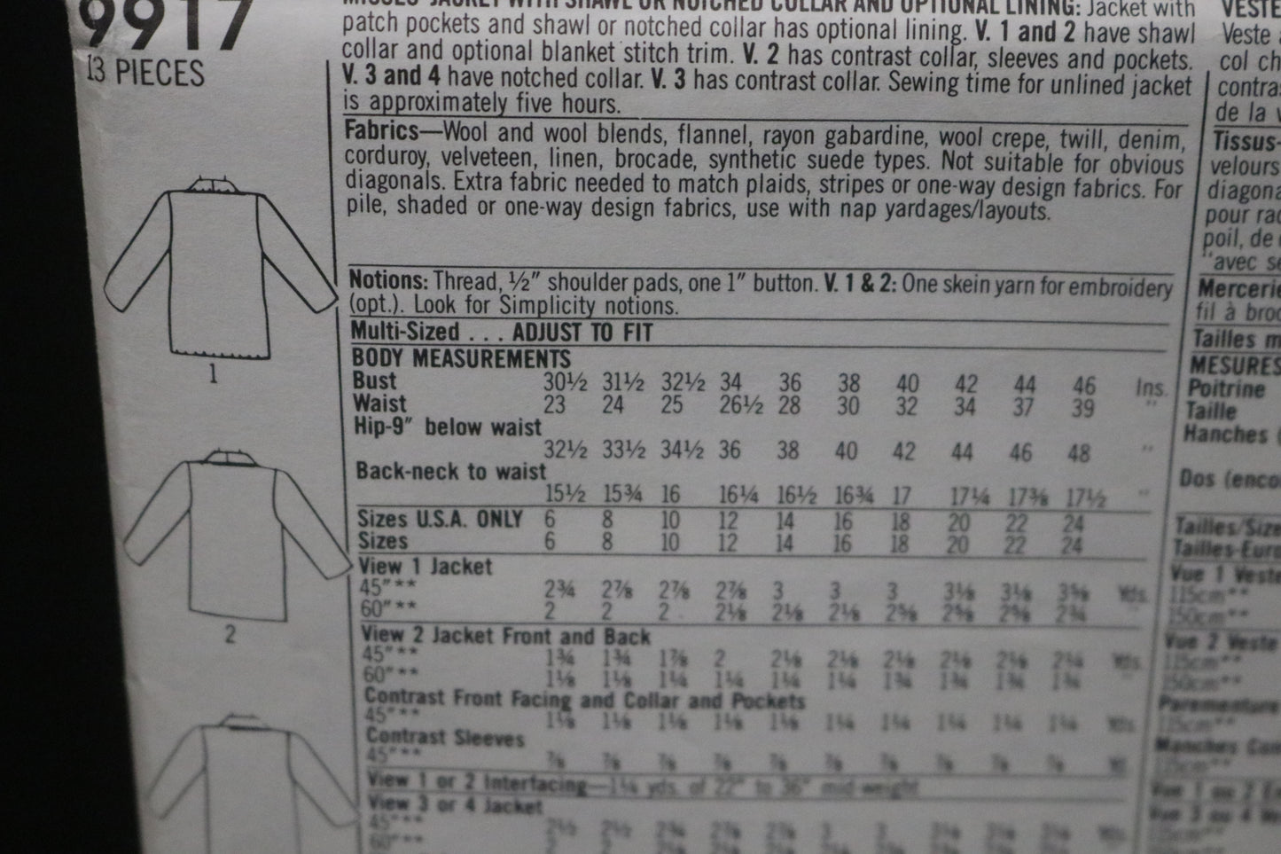 Simplicity 9917 Misses Jacket with Shawl or Notched Collar and optional lining Sewing Pattern UNCUT Size 10 - 16