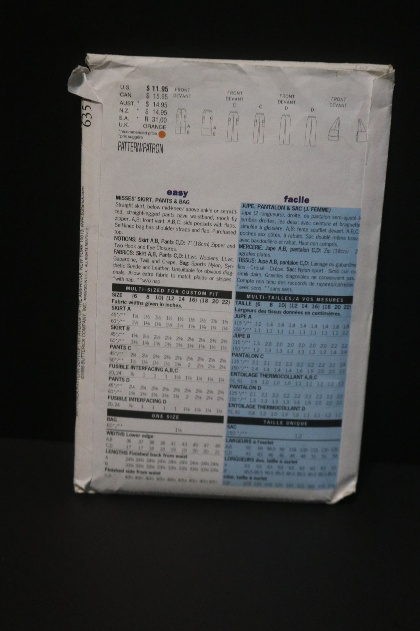 Butterick 6351 Misses Skirt Pants and Bag Sewing Pattern - UNCUT - Size 12 14 16