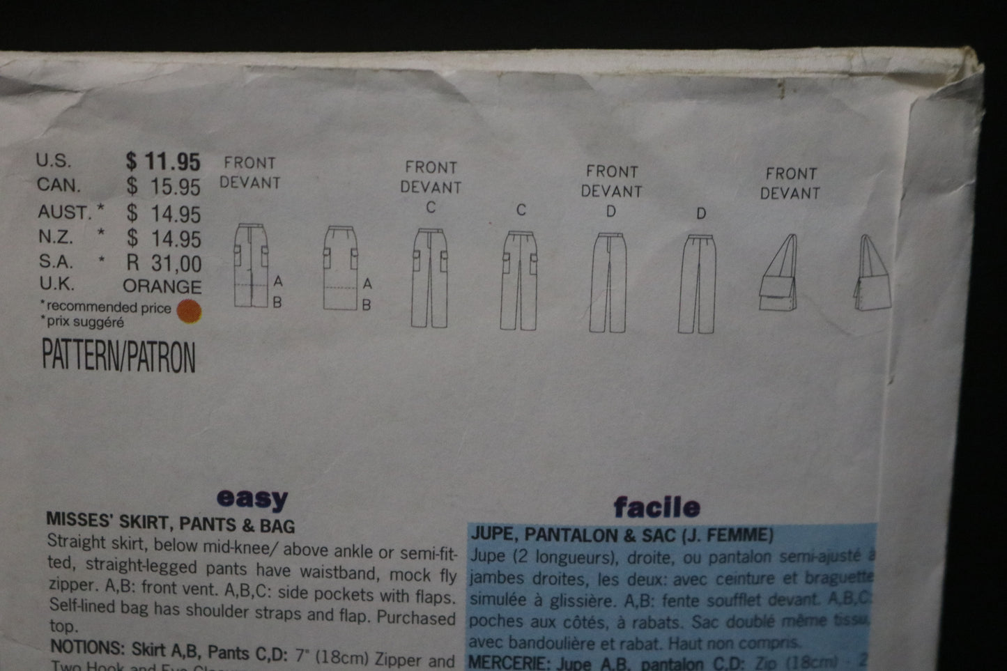 Butterick 6351 Misses Skirt Pants and Bag Sewing Pattern - UNCUT - Size 12 14 16