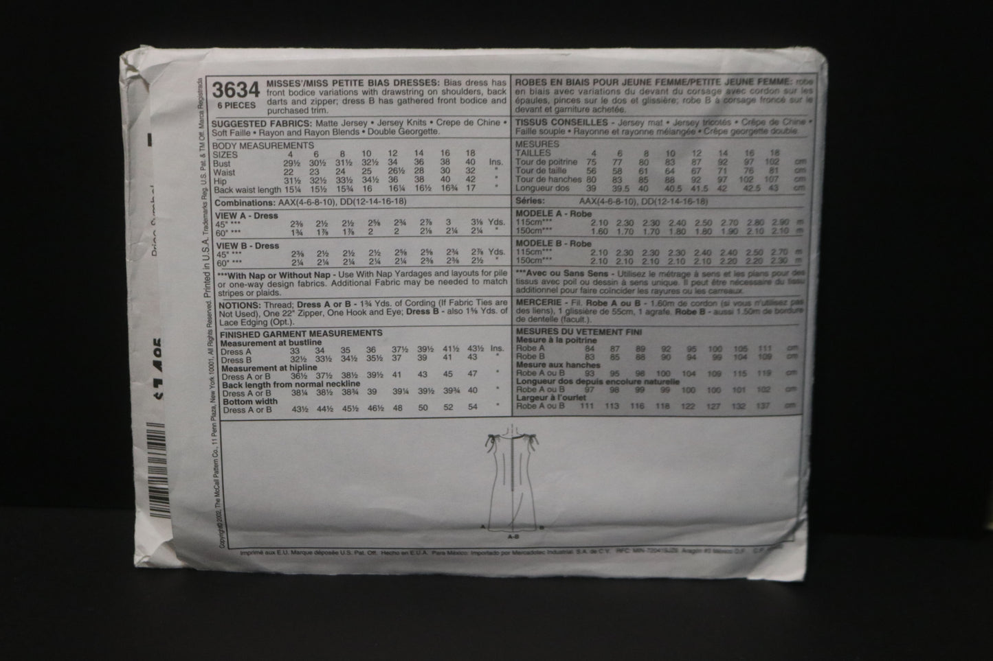 McCalls 3634 Misses / Miss Petite Bias Dresses Sewing Pattern - UNCUT - Size 12 14 16 18