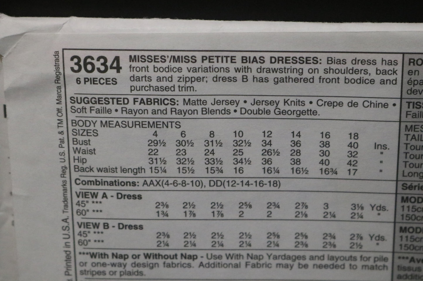 McCalls 3634 Misses / Miss Petite Bias Dresses Sewing Pattern - UNCUT - Size 12 14 16 18