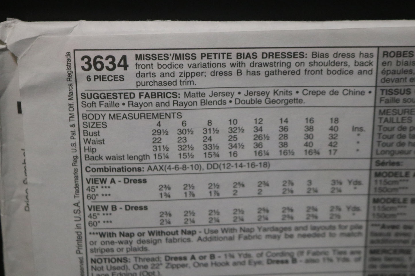 McCalls 3634 Misses / Miss Petite Bias Dresses Sewing Pattern - UNCUT - Size 12 14 16 18