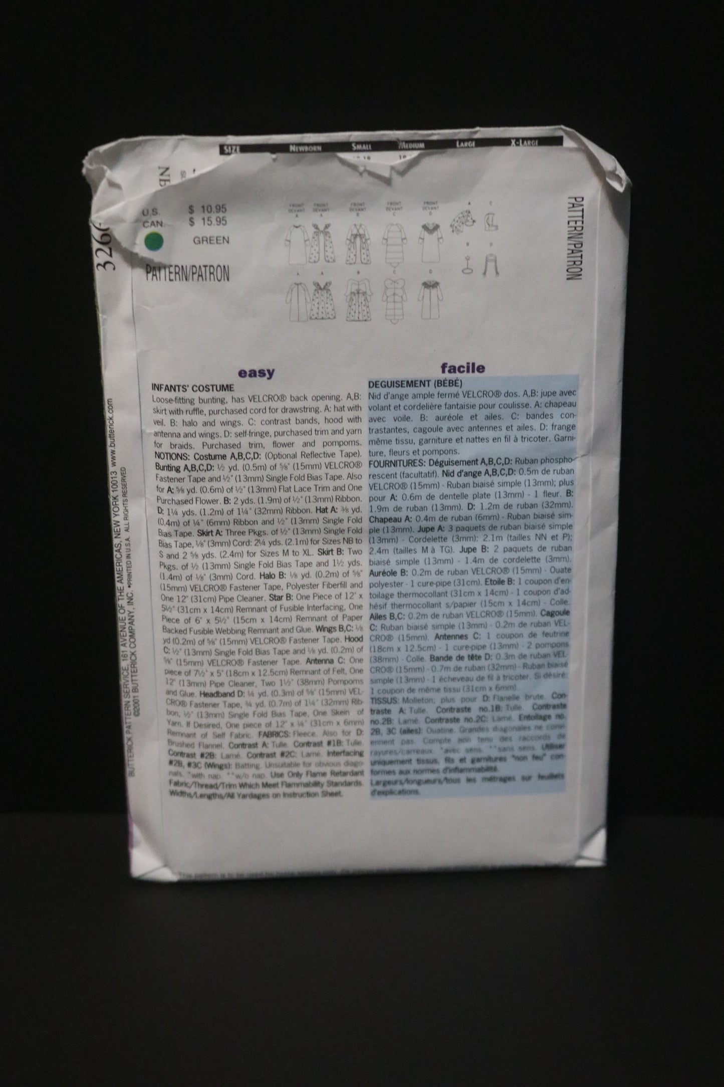 Butterick 3266 Infants  Native American , Angel, Bumble Bee and Princess Costume Sewing Pattern - UNCUT - Size NB S M or  Size L - XL