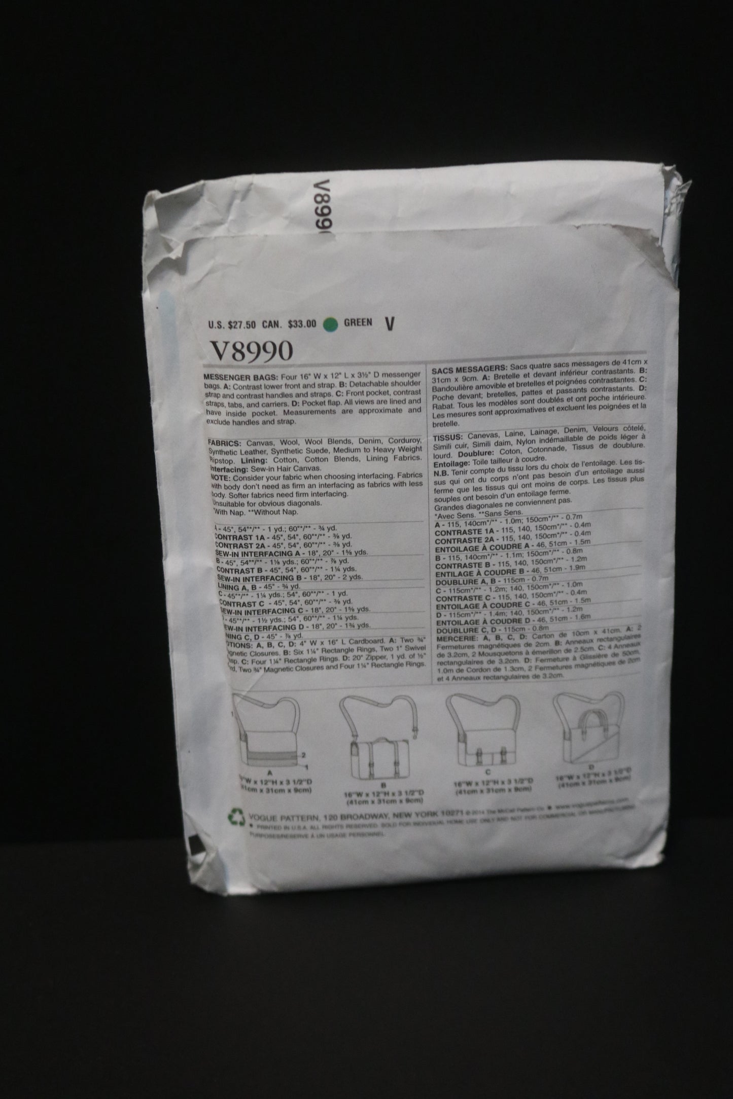 Vogue 8990 Messenger Bags Sewing Pattern - UNCUT