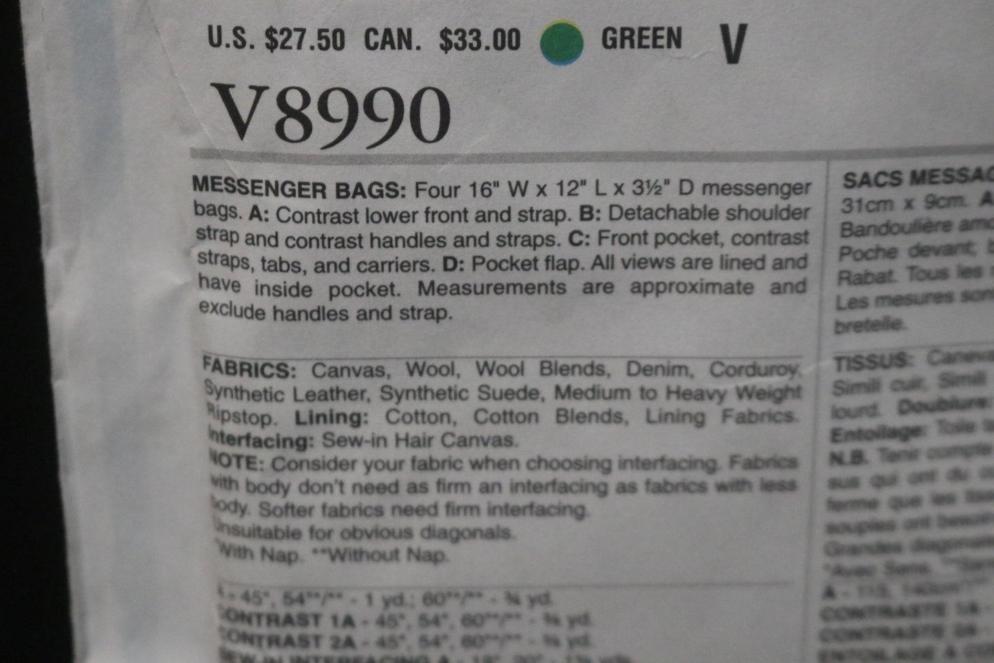 Vogue 8990 Messenger Bags Sewing Pattern - UNCUT