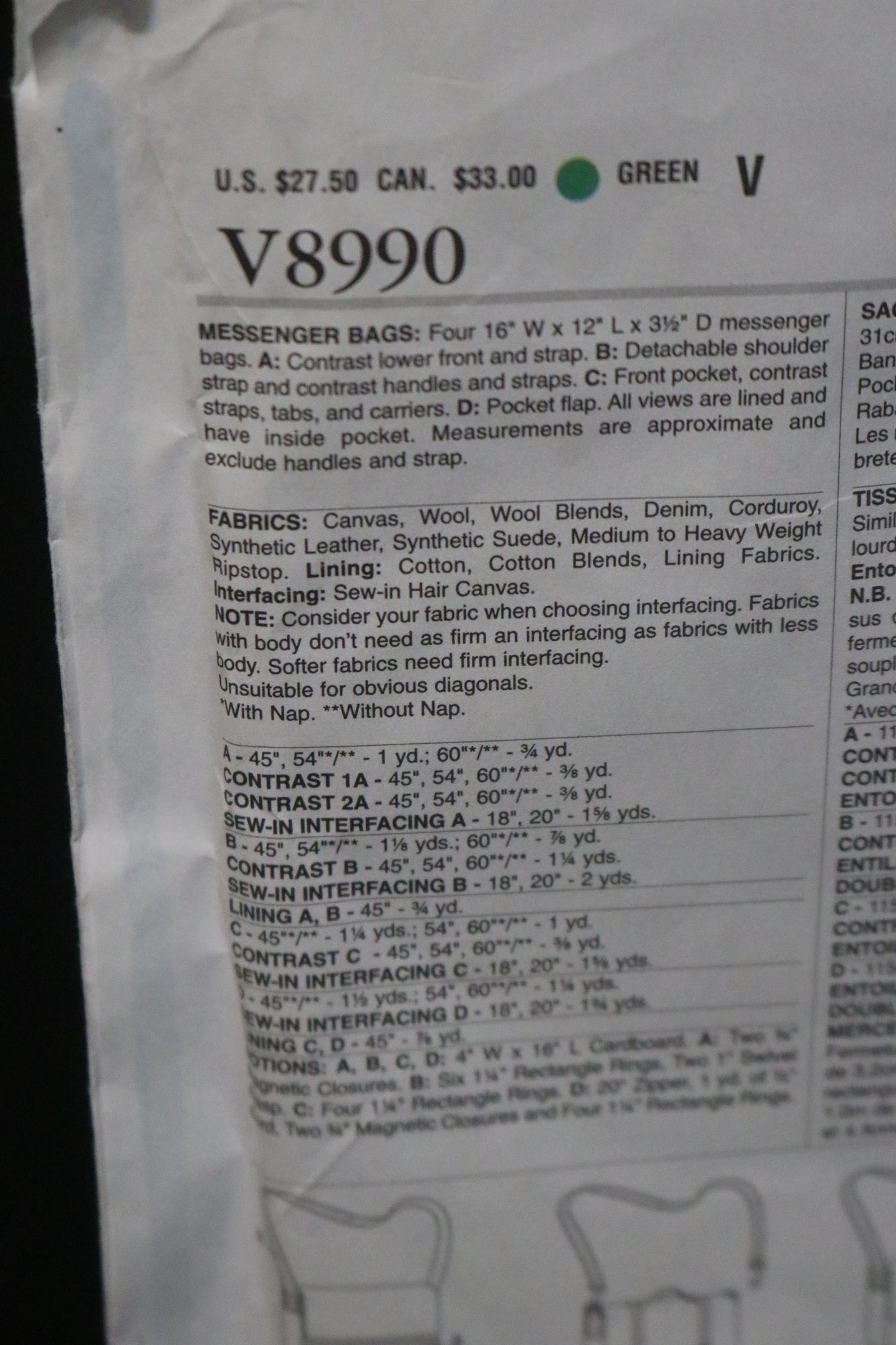 Vogue 8990 Messenger Bags Sewing Pattern - UNCUT