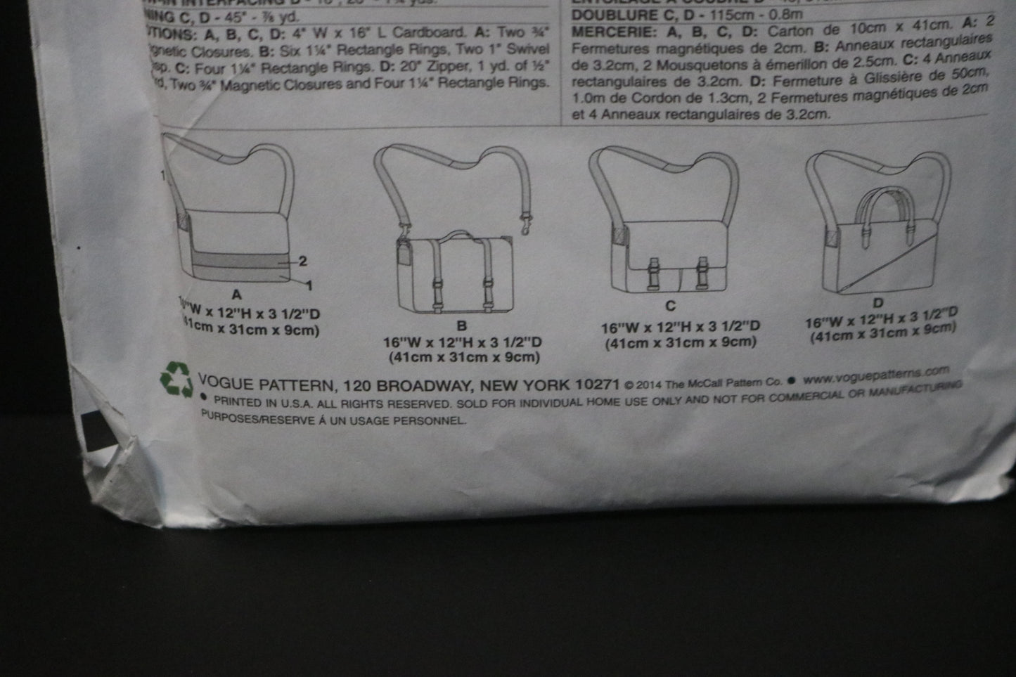 Vogue 8990 Messenger Bags Sewing Pattern - UNCUT