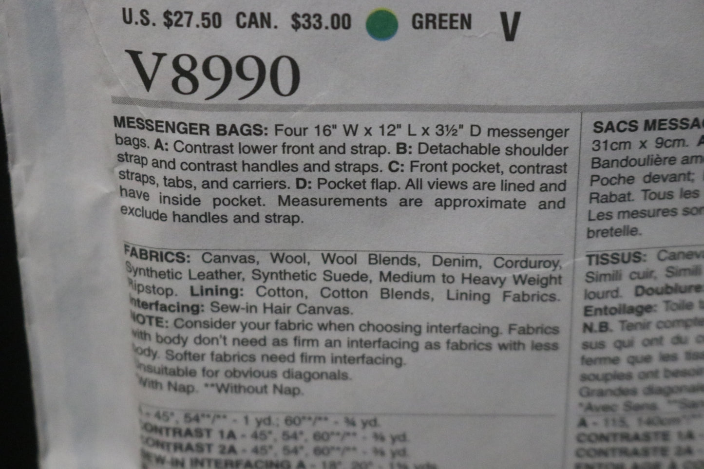 Vogue 8990 Messenger Bags Sewing Pattern - UNCUT