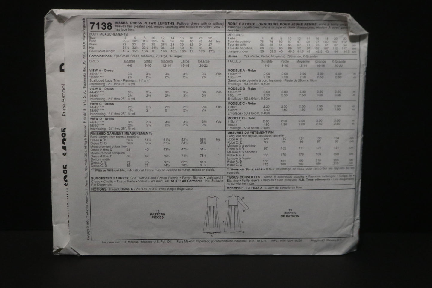 McCalls 7138 Misses Dress in Two Lengths Sewing Pattern - UNCUT - Size Xsm Sml Med