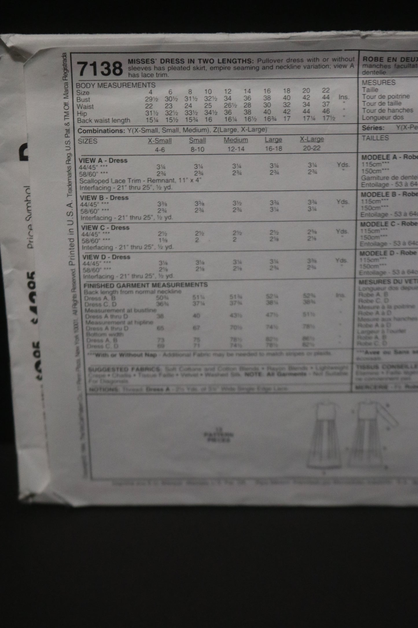 McCalls 7138 Misses Dress in Two Lengths Sewing Pattern - UNCUT - Size Xsm Sml Med