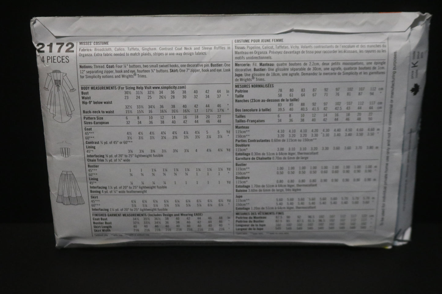 Simplicity 2172 Misses Steam Punk Victorian era styled coat, skirt and bustier Costumes Sewing Pattern UNCUT Size 14 16 18 20 22