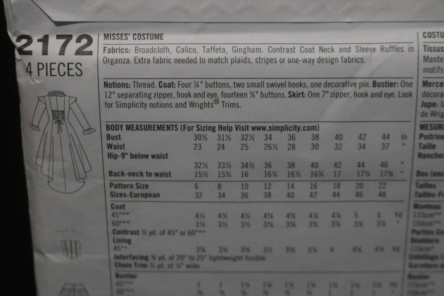Simplicity 2172 Misses Steam Punk Victorian era styled coat, skirt and bustier Costumes Sewing Pattern UNCUT Size 14 16 18 20 22