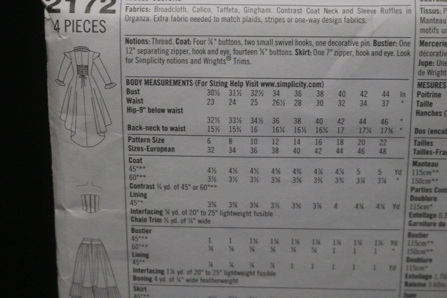 Simplicity 2172 Misses Steam Punk Victorian era styled coat, skirt and bustier Costumes Sewing Pattern UNCUT Size 14 16 18 20 22