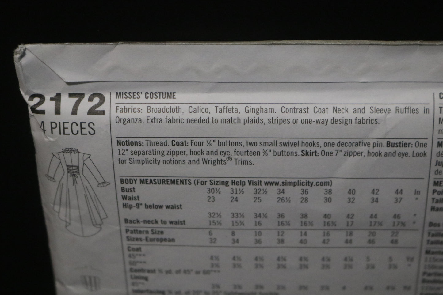 Simplicity 2172 Misses Steam Punk Victorian era styled coat, skirt and bustier Costumes Sewing Pattern UNCUT Size 14 16 18 20 22