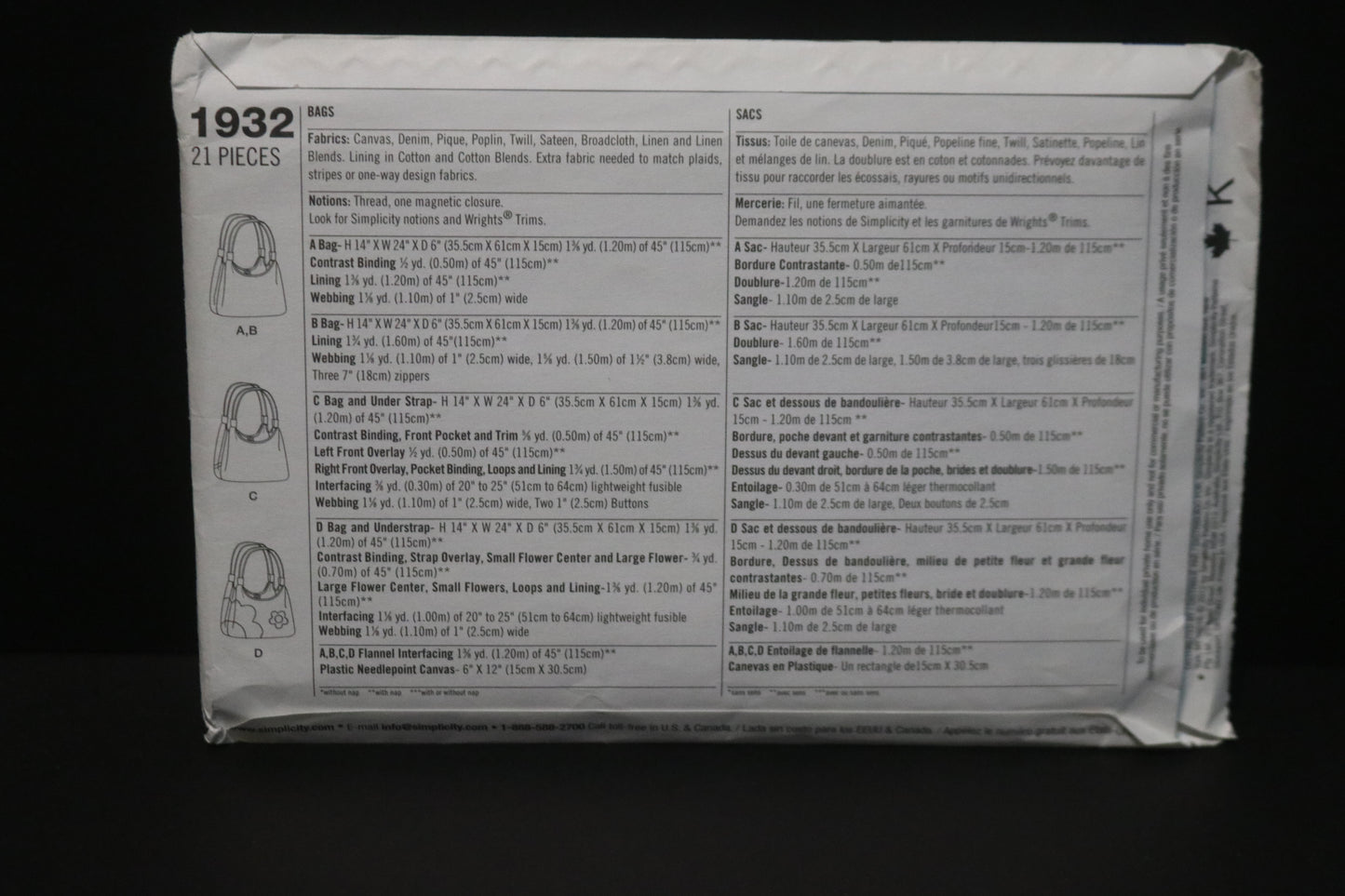 Simplicity 1932 Bags Sewing Pattern - UNCUT