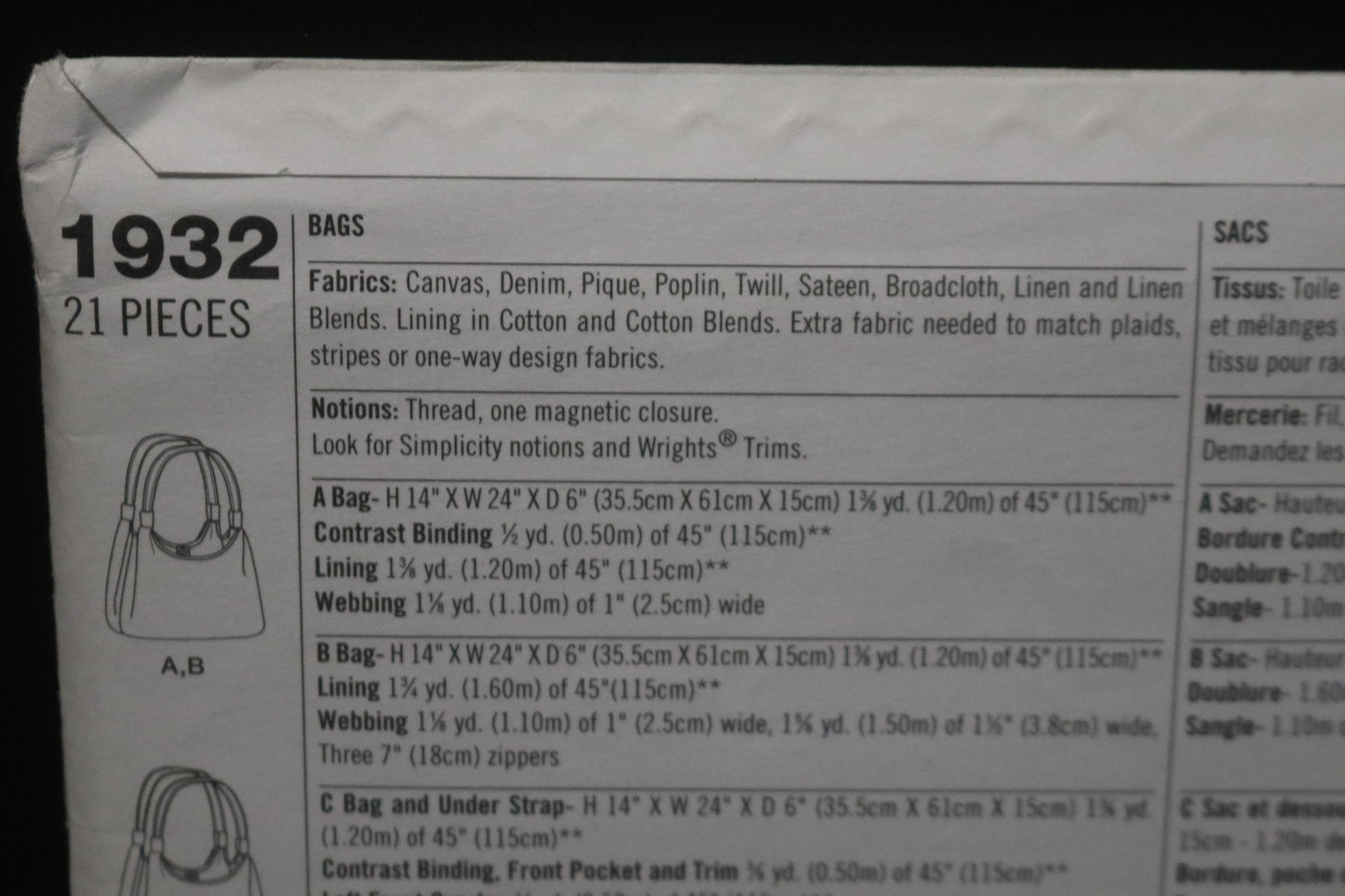 Simplicity 1932 Bags Sewing Pattern - UNCUT