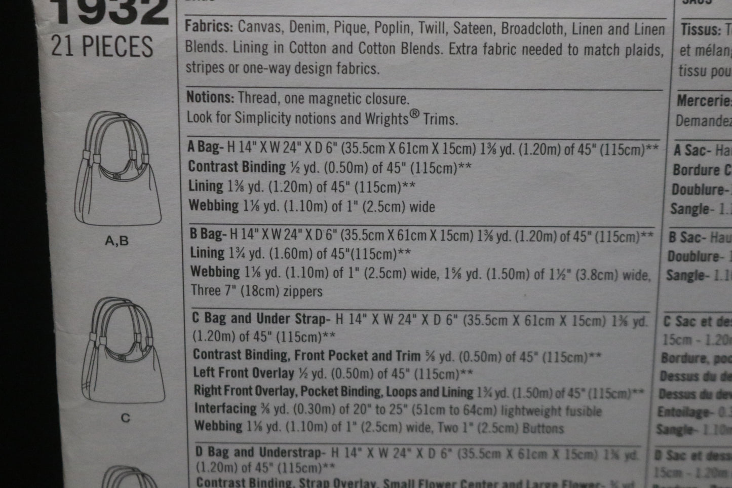 Simplicity 1932 Bags Sewing Pattern - UNCUT