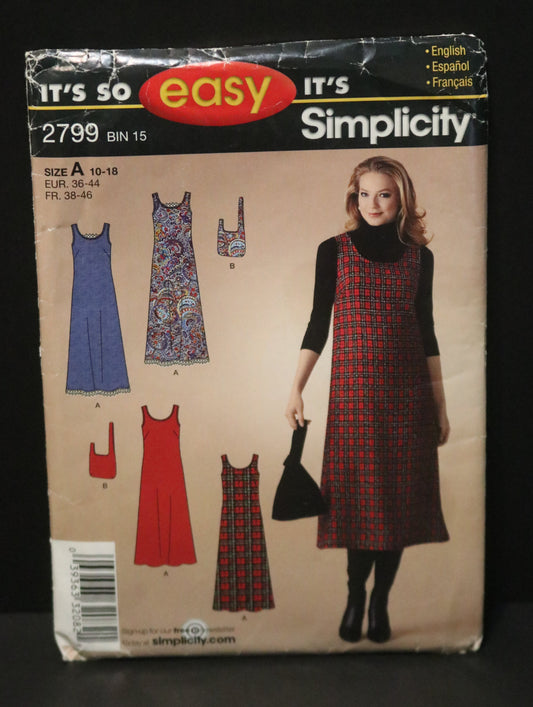 Simplicity 2799 Misses  Dress or Jumper and Bag Sewing Pattern - UNCUT - Size 10 - 18