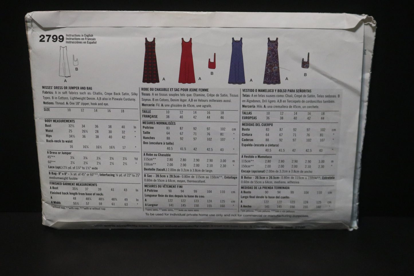 Simplicity 2799 Misses  Dress or Jumper and Bag Sewing Pattern - UNCUT - Size 10 - 18