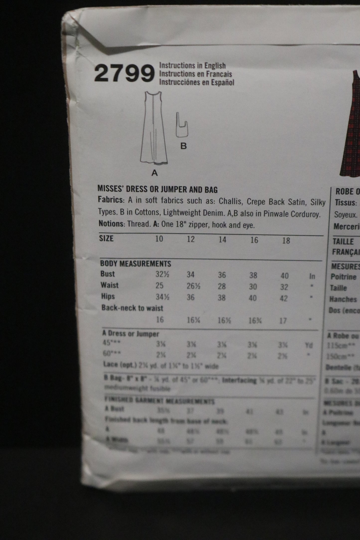 Simplicity 2799 Misses  Dress or Jumper and Bag Sewing Pattern - UNCUT - Size 10 - 18