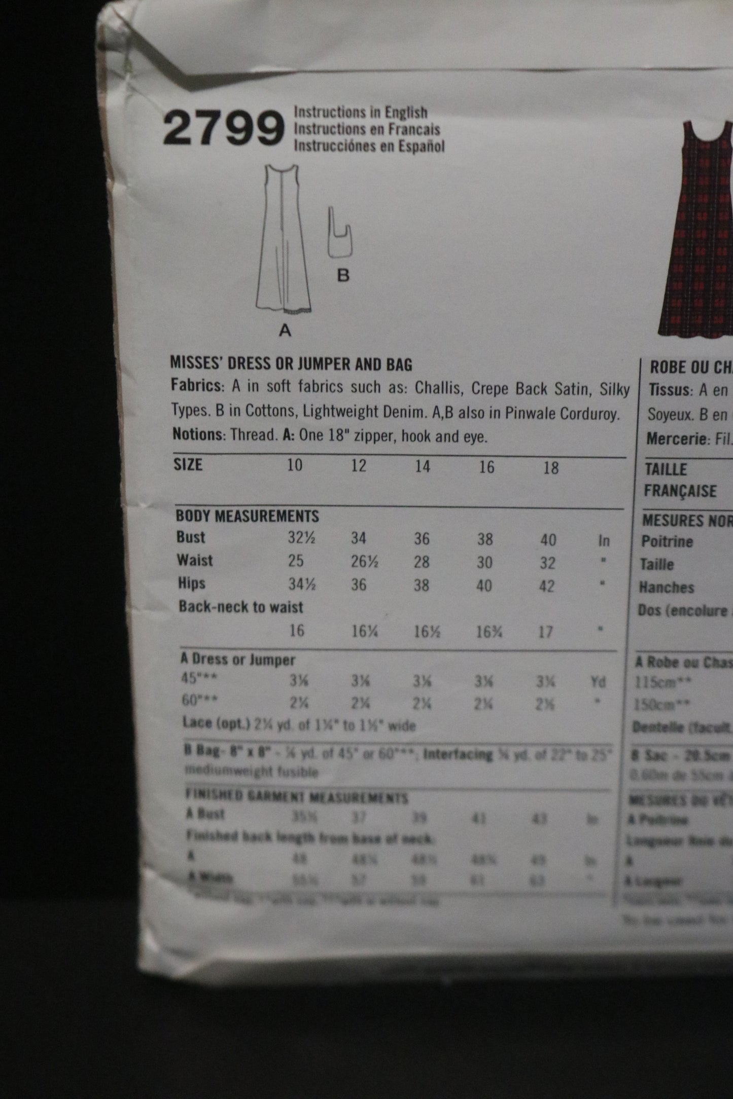 Simplicity 2799 Misses  Dress or Jumper and Bag Sewing Pattern - UNCUT - Size 10 - 18