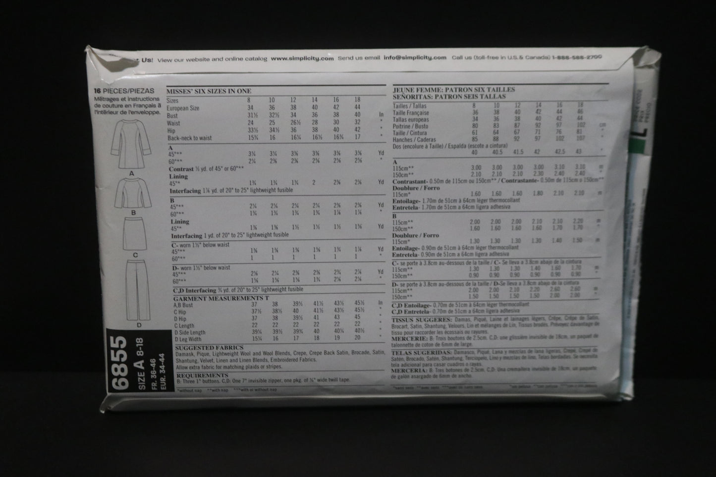 New Look 6855 Misses Skirt, Pants and Lined Coat or Jacket Sewing Pattern UNCUT - Size 8 - 18