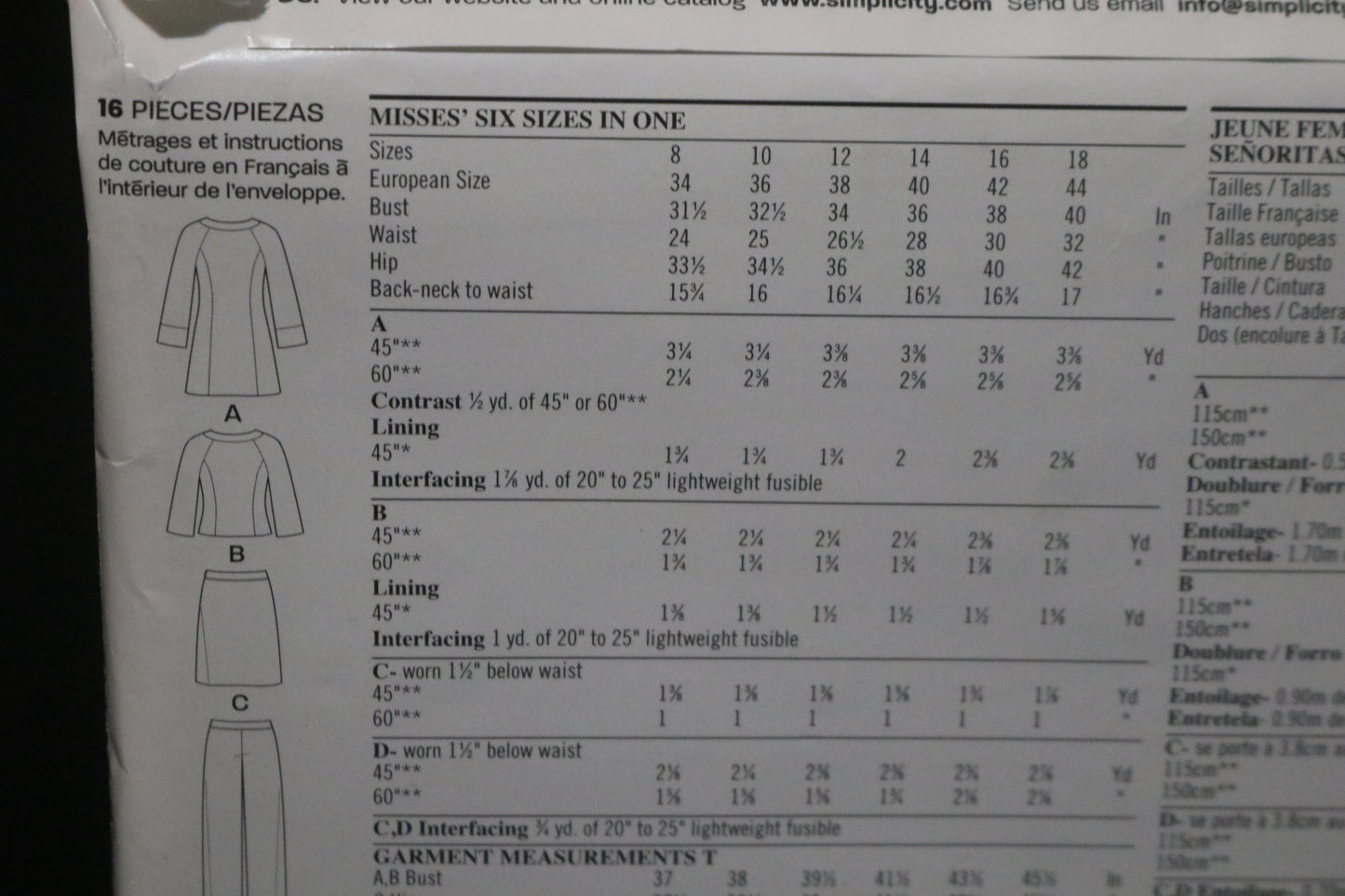 New Look 6855 Misses Skirt, Pants and Lined Coat or Jacket Sewing Pattern UNCUT - Size 8 - 18