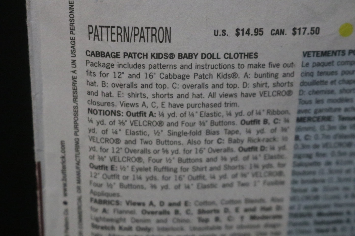 Butterick 3932 Cabbage Patch Kids Doll Clothes Sewing Pattern - UNCUT