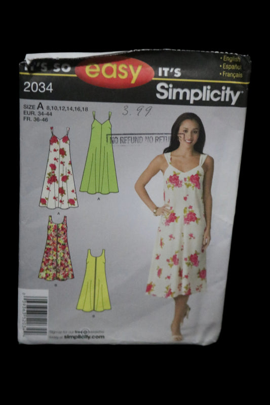 Simplicity 2034 Misses Dress in Two Lengths Sewing Pattern UNCUT  Size 8 10 12 14 16 18