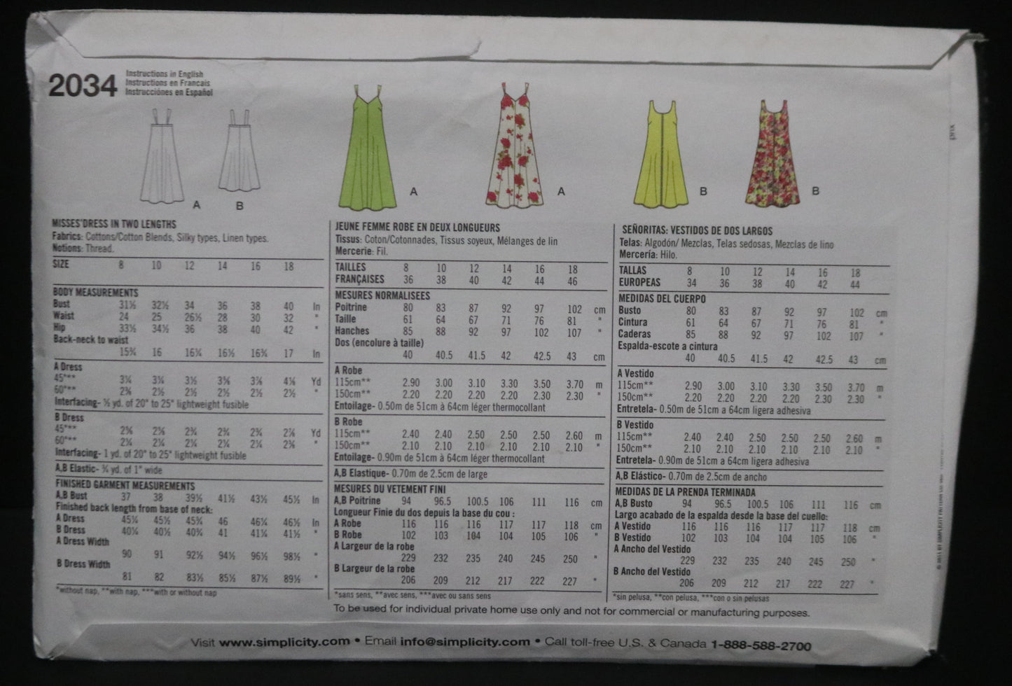 Simplicity 2034 Misses Dress in Two Lengths Sewing Pattern UNCUT  Size 8 10 12 14 16 18