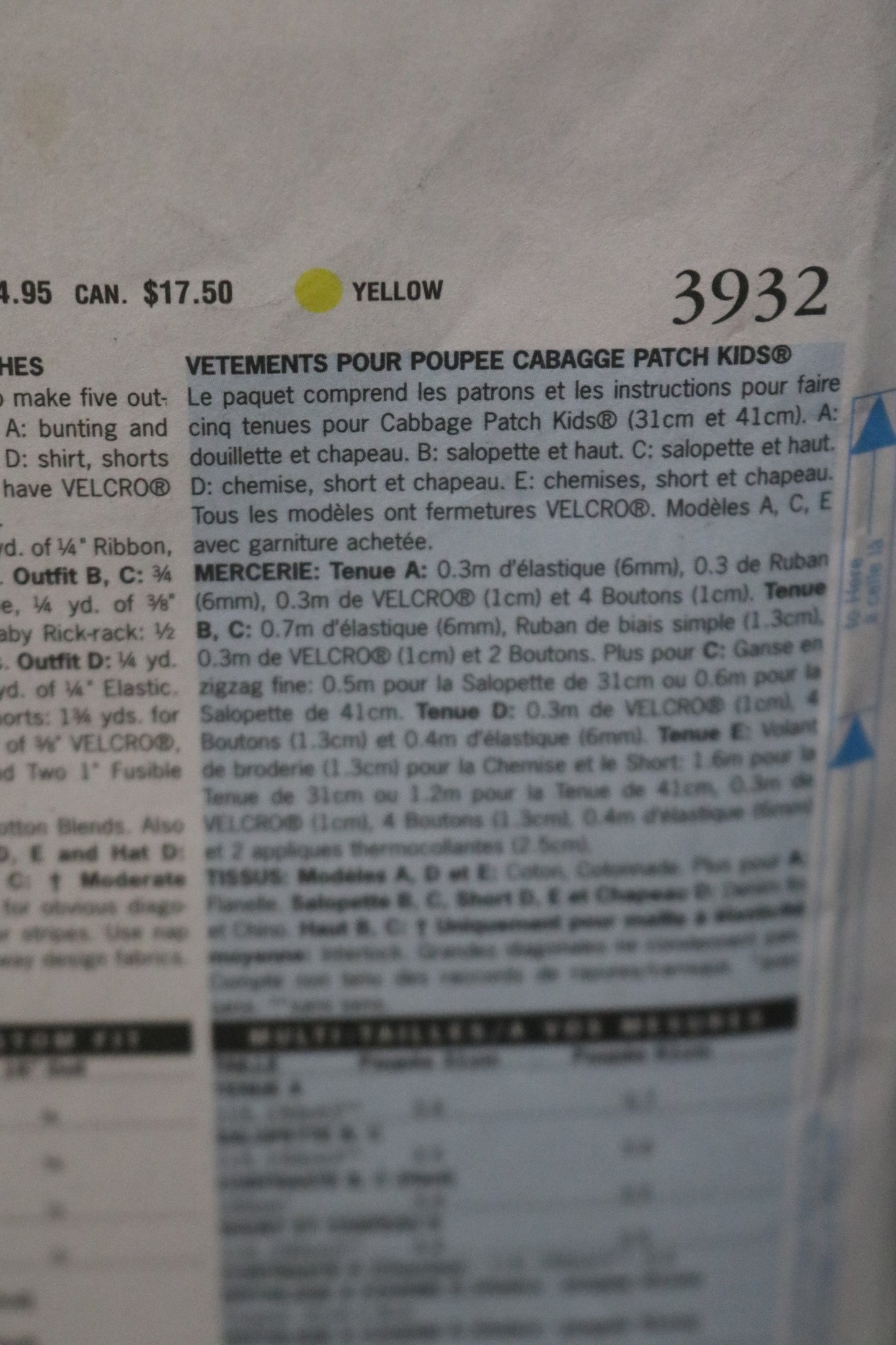 Butterick 3932 Cabbage Patch Kids Doll Clothes Sewing Pattern - UNCUT