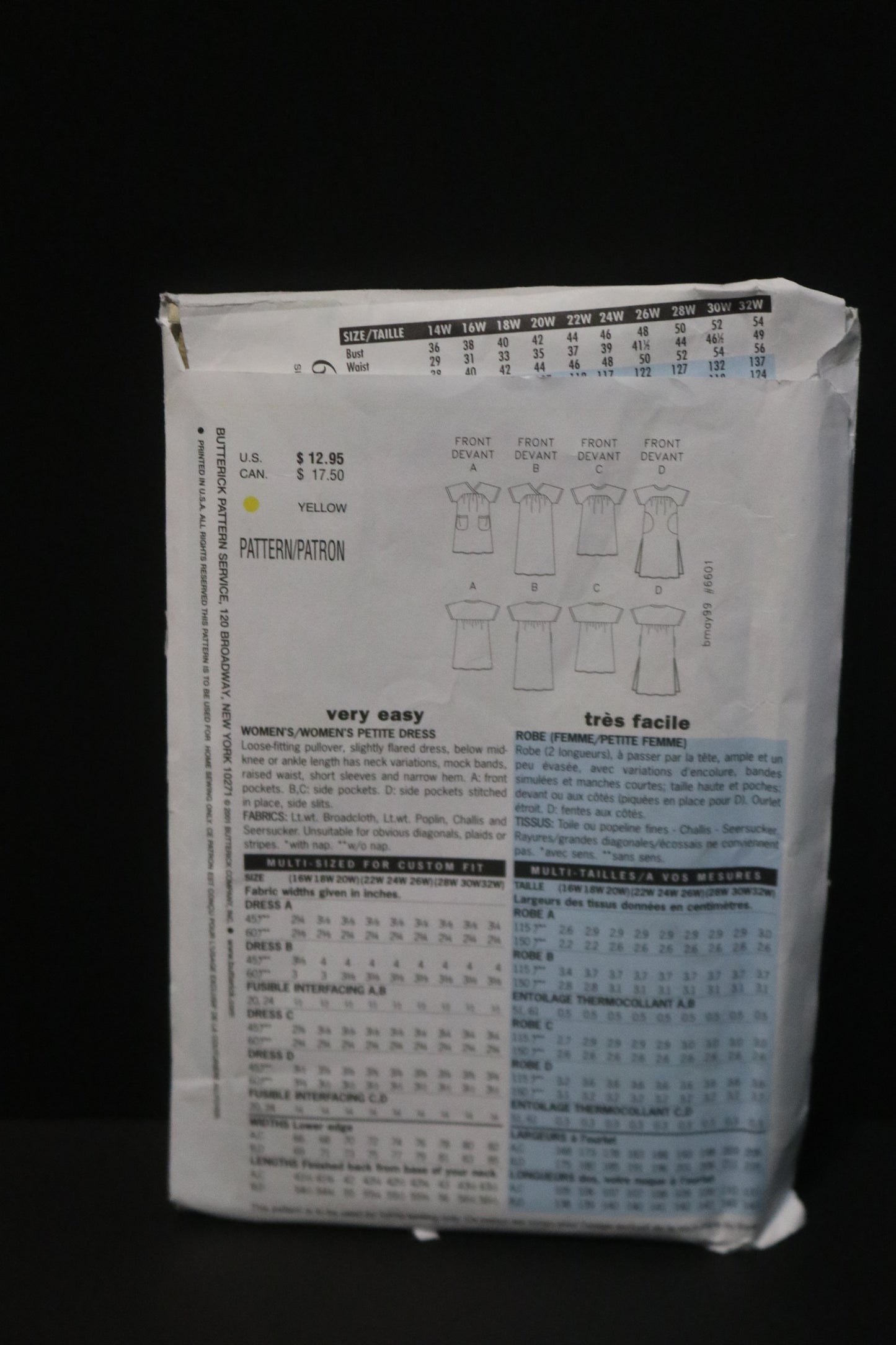 Butterick 6601 Misses / Misses Petite House Dress Sewing Pattern UNCUT - Size 16W 18W 20W