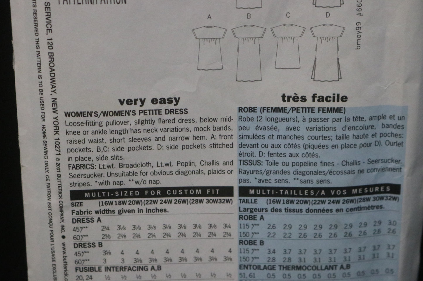 Butterick 6601 Misses / Misses Petite House Dress Sewing Pattern UNCUT - Size 16W 18W 20W