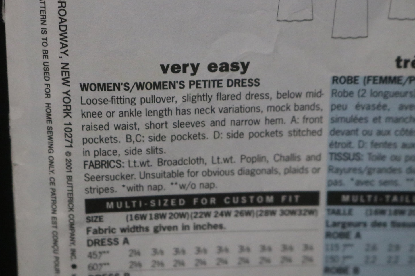 Butterick 6601 Misses / Misses Petite House Dress Sewing Pattern UNCUT - Size 16W 18W 20W