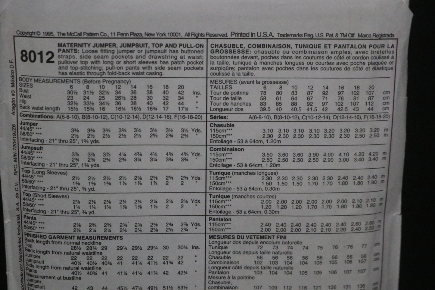 McCalls 8012 Maternity Jumper Jumpsuit top Pull on Pants Sewing Pattern UNCUT Size 10 12 14