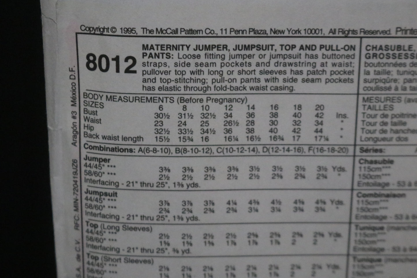 McCalls 8012 Maternity Jumper Jumpsuit top Pull on Pants Sewing Pattern UNCUT Size 10 12 14