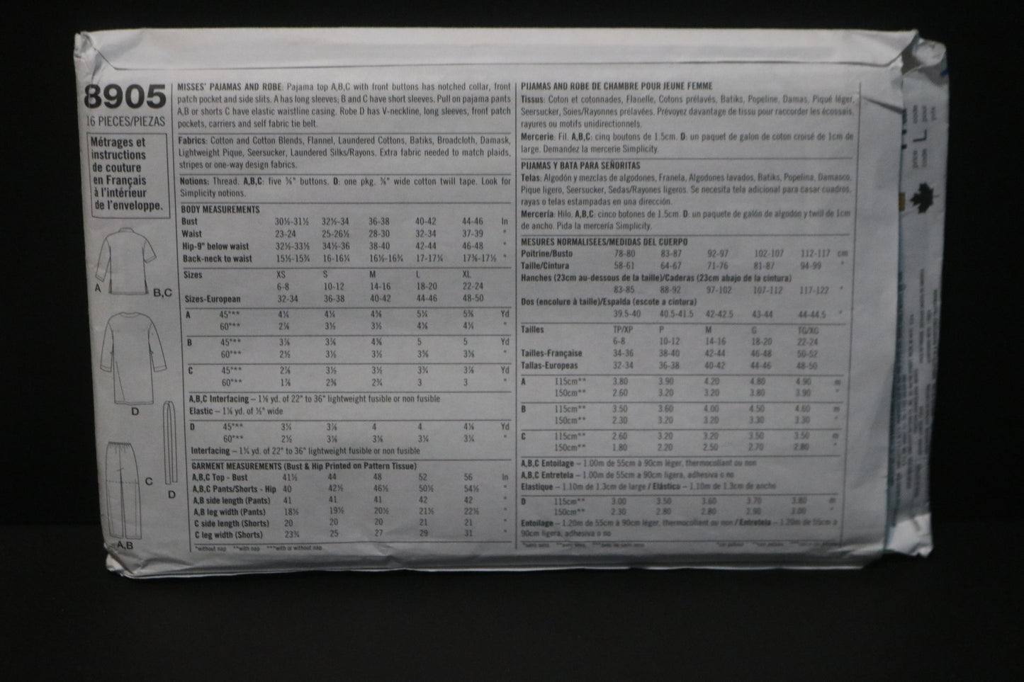 Simplicity 8905 Misses Pajamas and Robe Sewing Pattern - UNCUT - Size XS S M