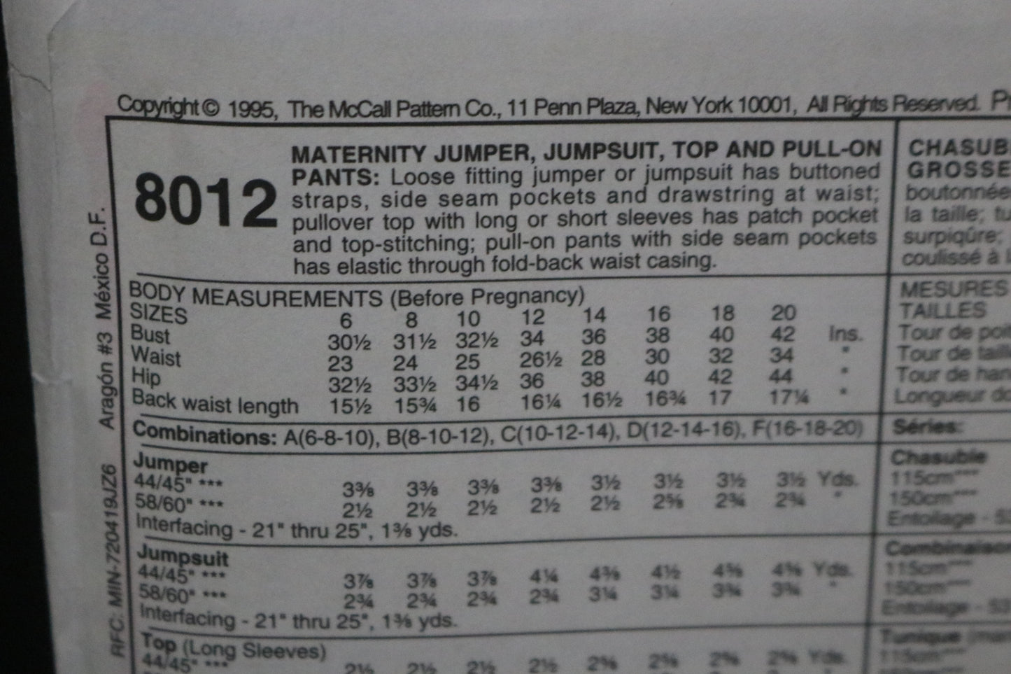 McCalls 8012 Maternity Jumper Jumpsuit top Pull on Pants Sewing Pattern UNCUT Size 10 12 14