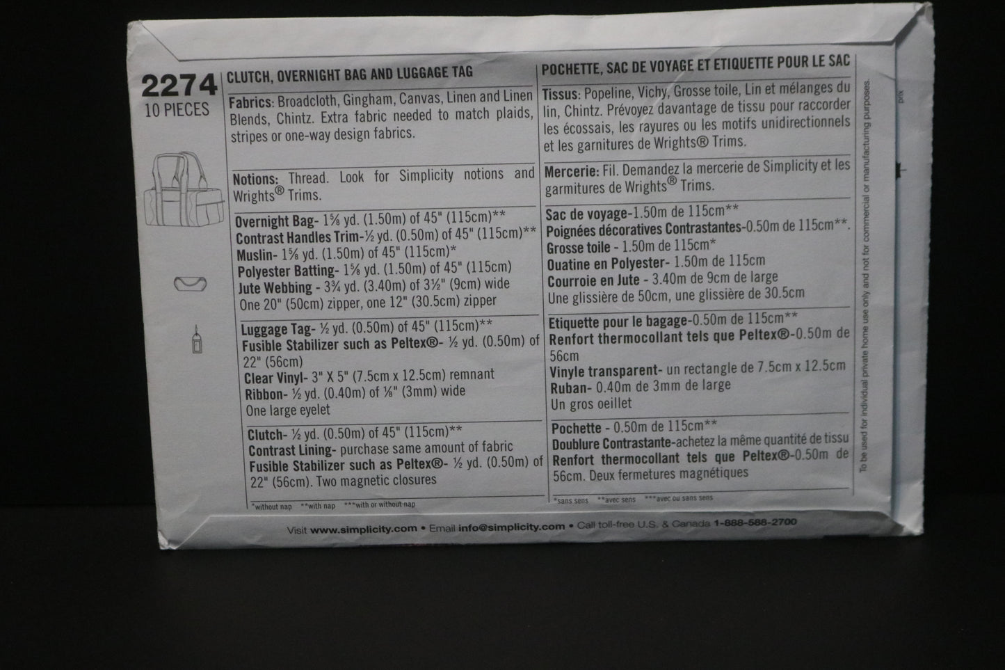 Simplicity 2274 Clutch, Overnight Bag and Luggage Tag Sewing Pattern UNCUT